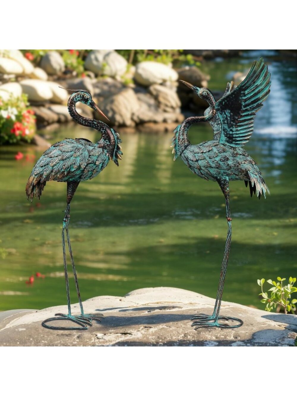 Elegant Metal Crane Statues Set of 2 | Bronze Heron Garden Decor for Outdoors